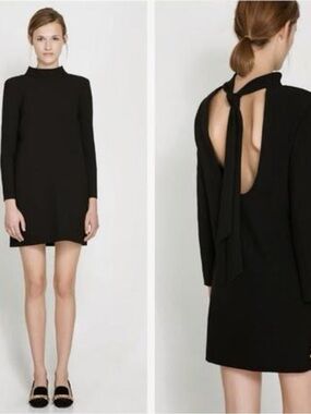 Zara Black Long-Sleeve Shift Dress with Crew Neck